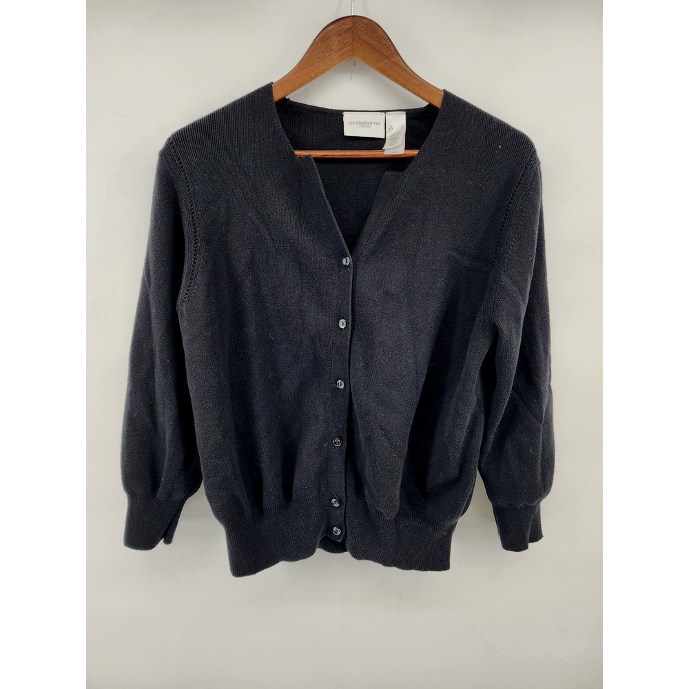 Liz Claiborne Lizsport Black Cotton Knit Button Front Cardigan Sweater Size L